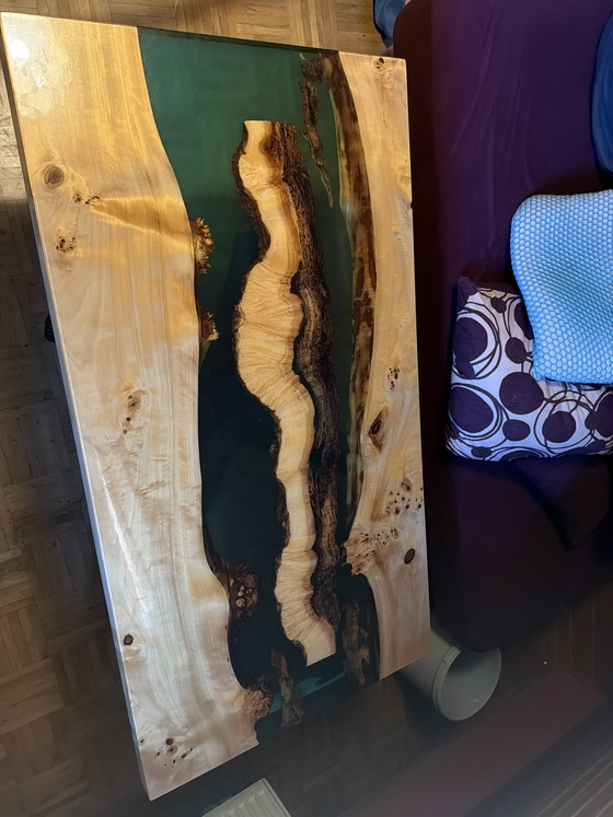 Image 1 of One-of-a-Kind River Table with Deep Emerald Green Resin
