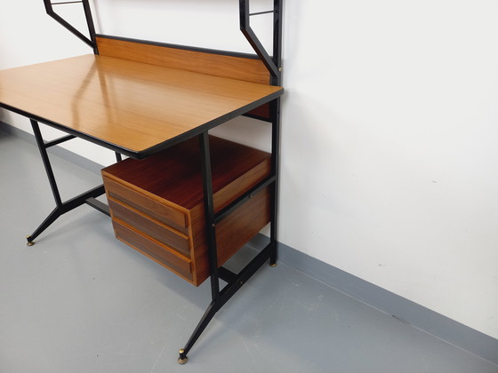 Image 1 of Italian modernist desk with built-in modular string bookcase in teak, metal and melamine from the 60s