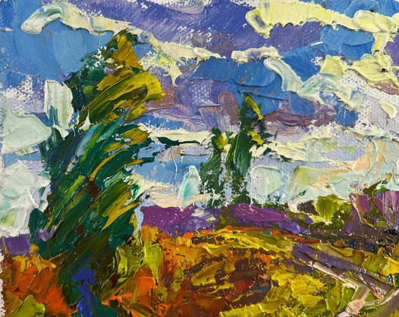 Image 1 of Original Oil Painting Summer Village Landscape Clouds float like fairy tail ships