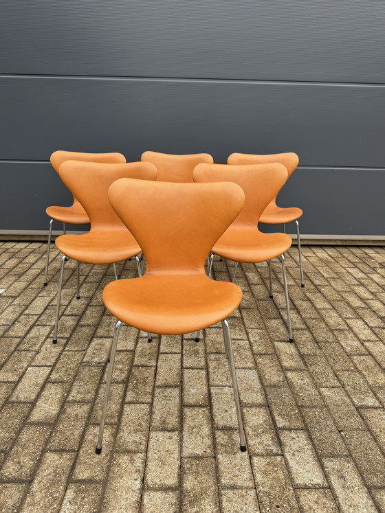 Image 1 of 6x Fritz Hansen series 7 Vlinderstoelen Cognac Camel leder