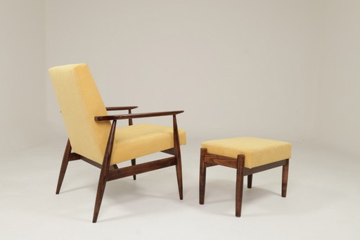 Vintage set fauteuil en poef Corduroy Geel Pastel Stoffering Mid Century Stijl