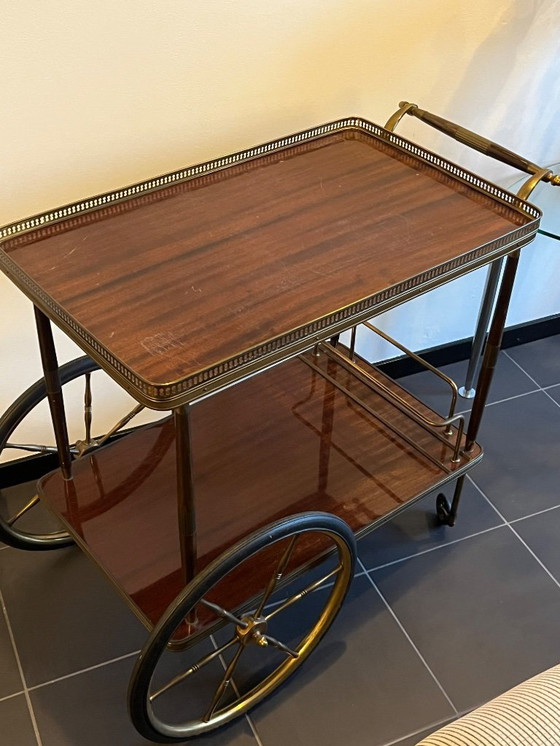 Image 1 of Elegante Midcentury vintage bar cart / serveerwagen – messing & massief mahonie ‘40/‘50