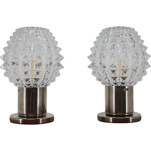 Par de lámparas de mesa vintage de cristal tallado de Kamenicky Senov, República Checa, 1960