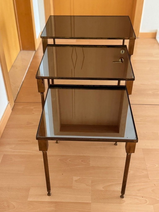 Vintage Nesting Tables – Set of 3 – Glass & Brass – 1960s