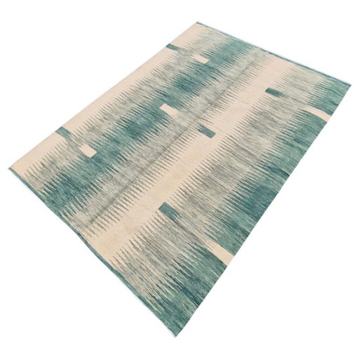 Alfombra Kilim Ikat verde moderna tejida a mano | Tejido plano | Contemporánea | 246 × 171 cm (97 × 67 (photo 2 of 11)