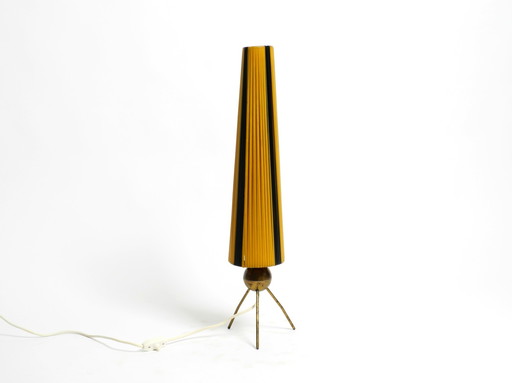 Rare Beautiful Mid-Century Modern Tripod Brass Table Lamp with Wrapped Nylon Strip Lampshade