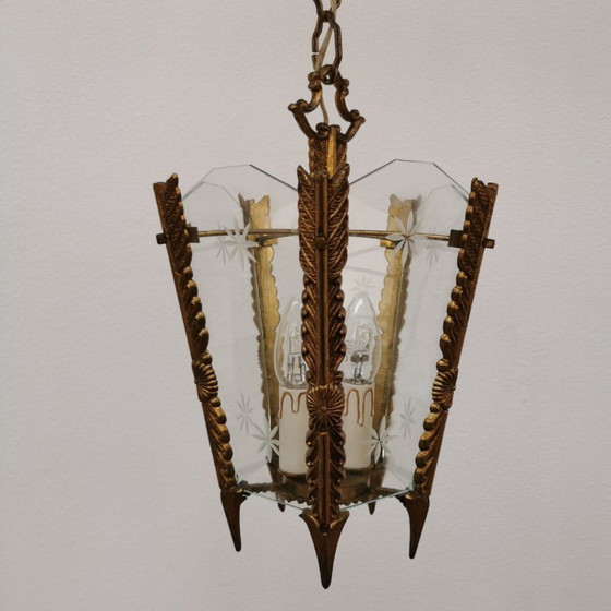 Image 1 of Lampada a lanterna francese in ottone vintage, lampada a sospensione, lampada con catena