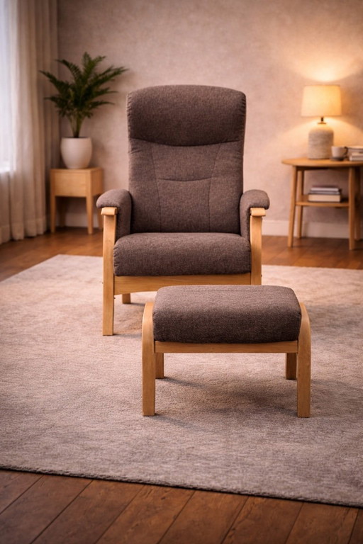 Hjort Knudsen — Armchair with Matching Footstool — Adjustable Backrest — Modern Lounge Duo