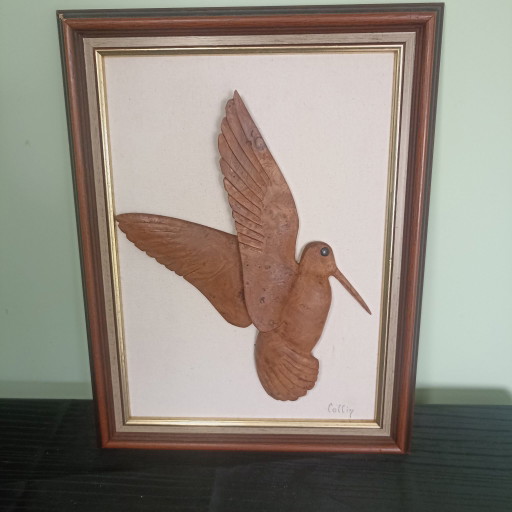 Vintage 3D Holzrelief "Bécasse Montante" (Waldschnepfe) 40x30