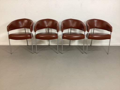 4 Lederen Tripod Moderne Design Stoelen Cognac Leer