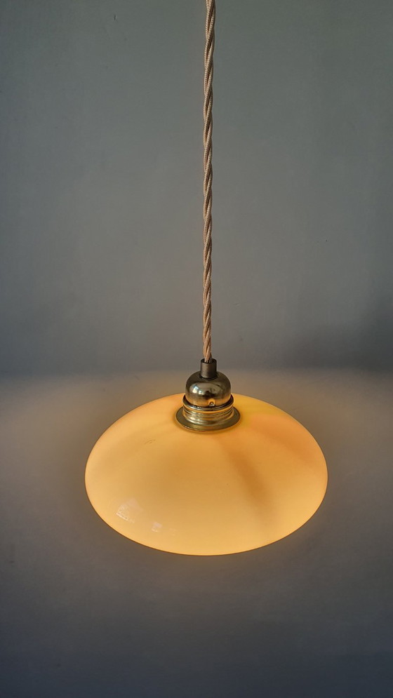 Vintage French Pendant Lamp - Pastel Yellow Opaline Glass – Metal (photo 6 of 12)