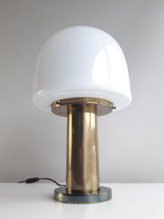 Image 1 of Glashütte Limburg vintage table lamp, brass desk lamp with frosted glass shade, mid-century modern table lamp