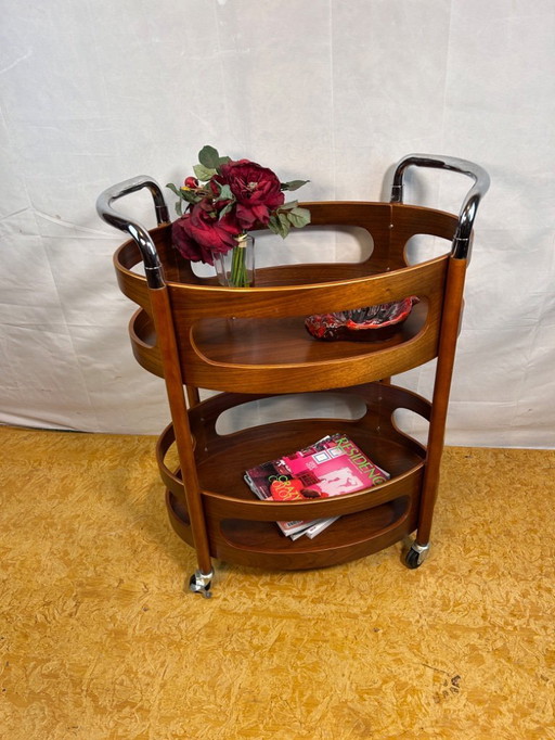 Vintage Rounded Wood Teak veneer Serving Trolley — Stylish Bar Cart with Chrome Handles  timeless elegance 