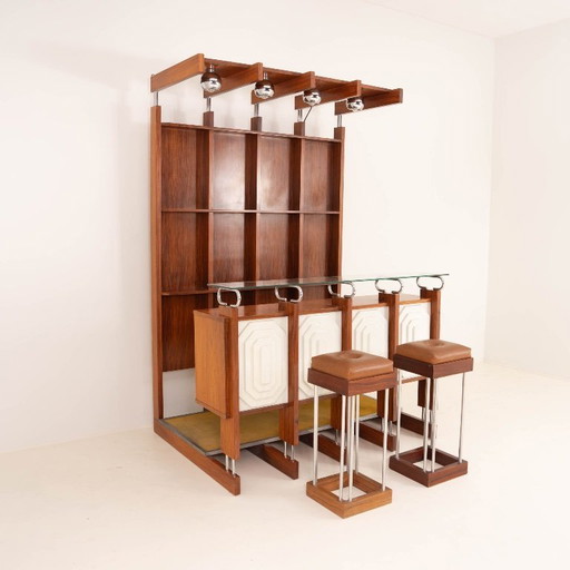Rare Italian Bar Unit with Stools – drankenkasten, Wood, Chrome
