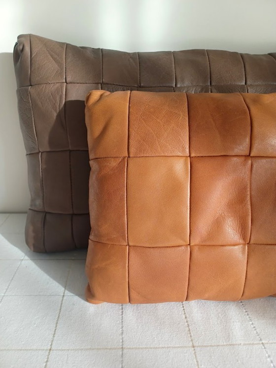 Image 1 of Vintage '70s-'80s leather cushion - warm cognac - patchwork