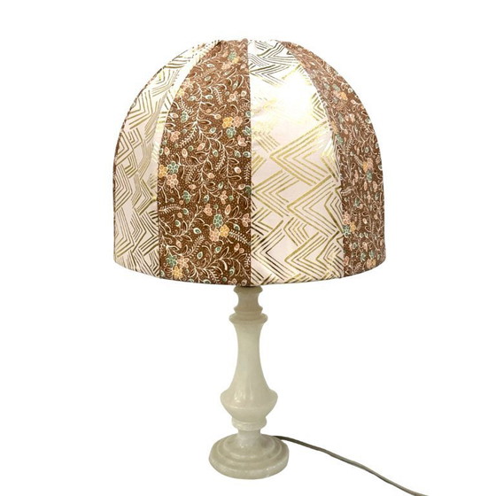 Image 1 of Lampe de table italienne vintage en albâtre/onyx, abat-jour cousu à la main, années 1960.