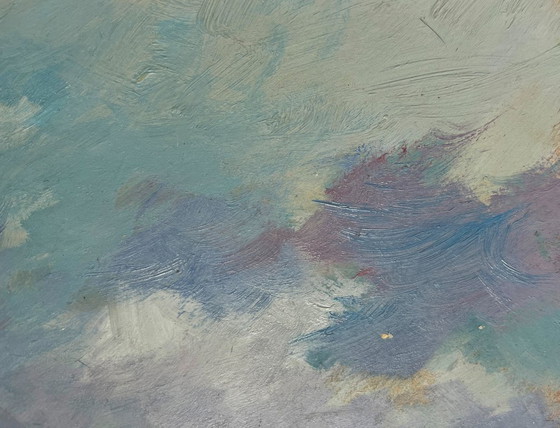 Image 1 of Dipinto ad olio originale: Paesaggio estivo con campo coperto da nuvole grigie