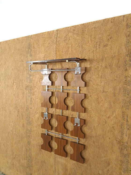 Image 1 of Porte-manteau mural en teck avec crochets chromés, n° 20