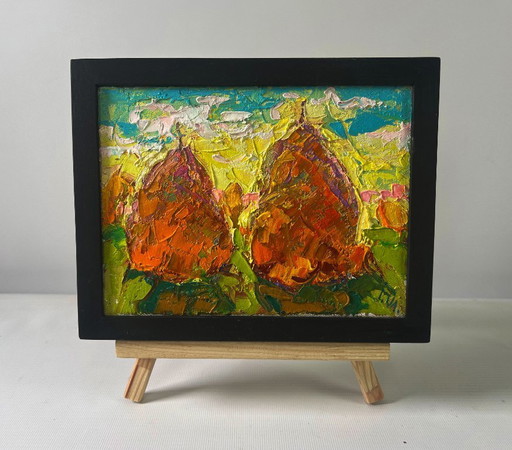 Original Oil Painting Day Field Landscape Spring peace on the outskirts