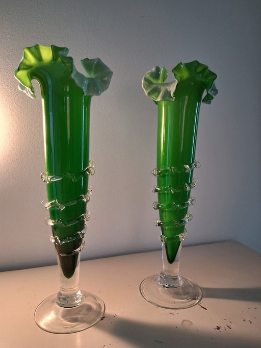 2 elegant vases made of Murano glass, green with white.
