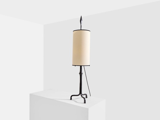 Francis Dewaele & Les Artisans de Marolles smeedijzeren lamp 1955, Tafellampen, Metaal, Textiel, Zwart (foto 4 van 10)