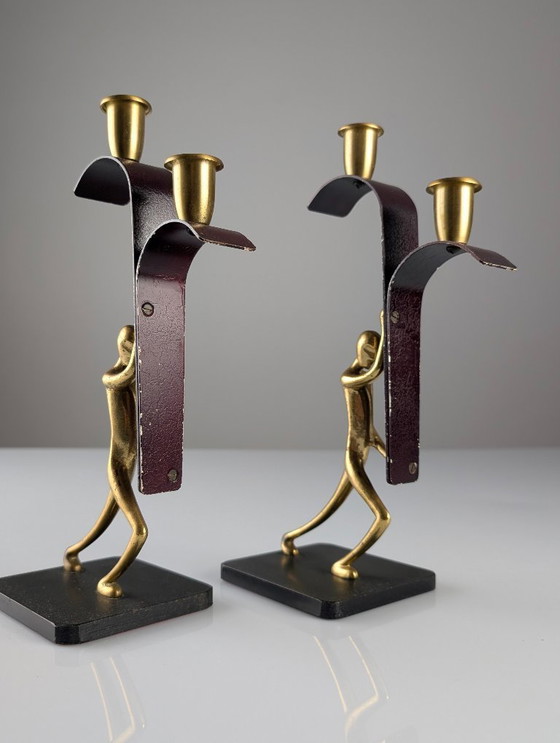 Image 1 of Pair Art Deco Bronze Candelabras by Karl Hagenauer, 1940s
