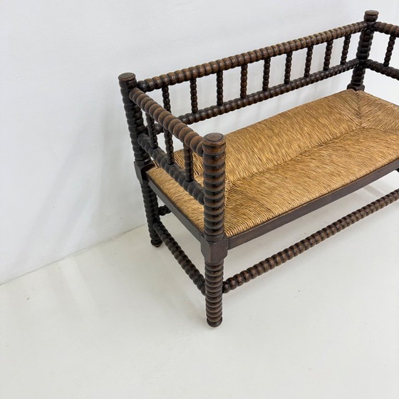 Wooden bench with bobbin legs and rush seat, Benches, Other, Brown, Vintage (photo 9 of 13)