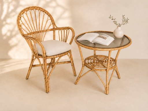 60er Rattan Korbsessel mit Beistelltisch / Mid-Century Set /Niederlande