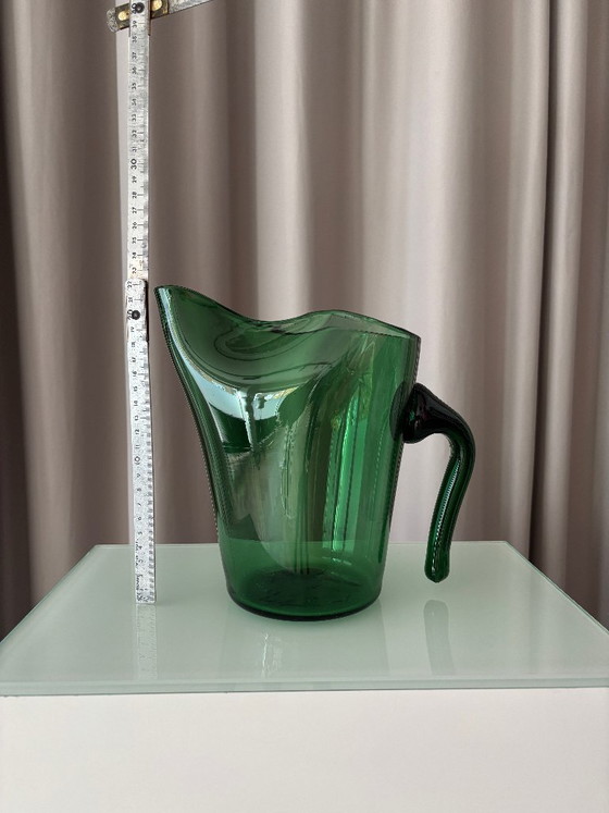 Vintage Emerald Green Art Glass Pitcher, Sculptural Organic Design, Glass & Decanter, Organic Modern (photo 9 of 11)