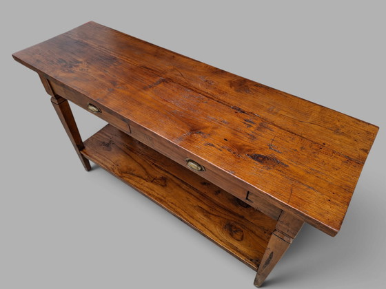 Classic Teak Sidetable, Wall Table, Console, Heavy Model, Dimensions: 140x45cm and 80cm high. – Wood, Brass (photo 5 of 5)