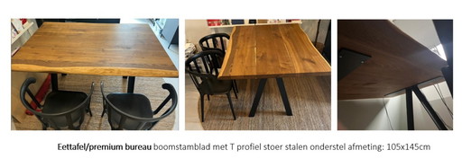 Dining table/premium desk tree trunk top with T profile sturdy steel base size: 105x145cm