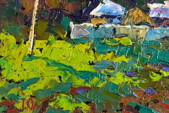 Image 1 of Original Oil Painting Summer Houses Landscape On the edge of the village — time stops