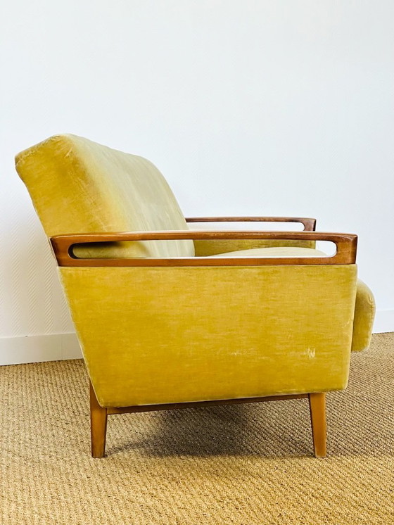 Image 1 of Canapé convertible et fauteuil vintage scandinave en teck et velours, 1960, Set de 2