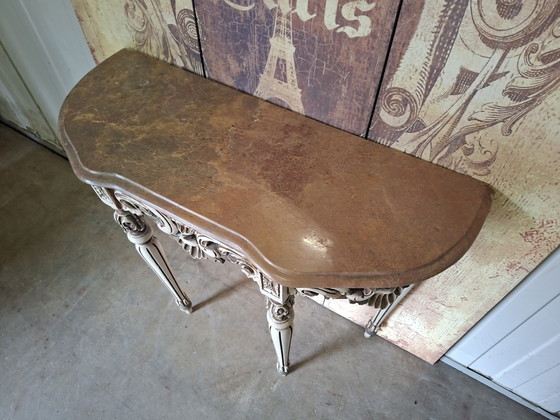 Image 1 of Antieke barok wandconsole, sidetable. haltafel met spiegel afm: 87x34m en 76cm hoog.

afm. spiegel 55x95cm 
