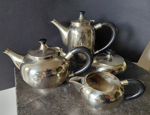Art Deco / Mid-Century theeservies (nikkel/zilver & bakeliet) – 4-delig - jaren '30 tot '50
