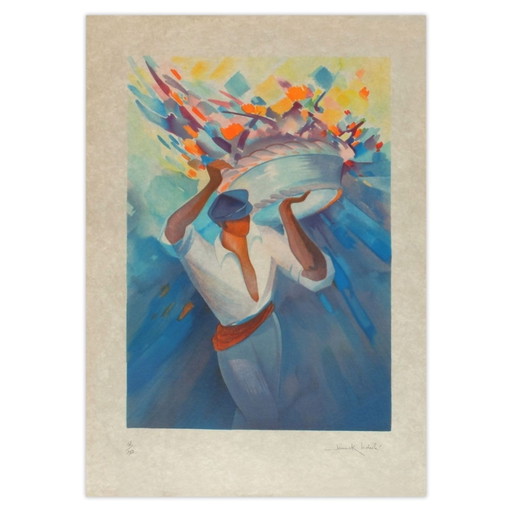 Janick LEDERLE ondertekende lithografie Porteur de fleurs 1985 – lithos zeefdrukken, Paper