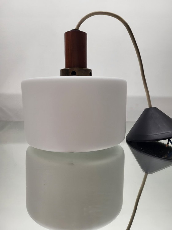 Image 1 of Vintage opaline glazen hanglamp, Scandinavische stijl, teak en messing, jaren 60