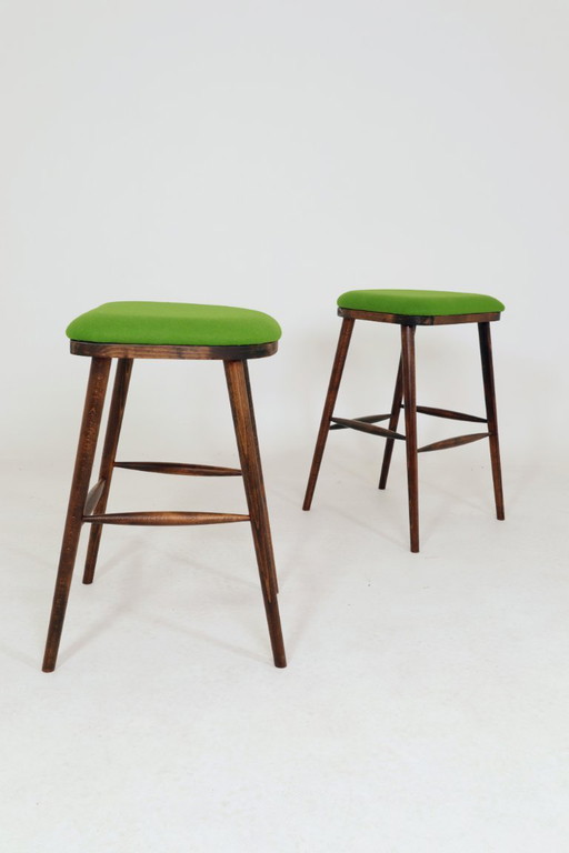 Beech Wood Bar Stools – Green Recycled Wool Upholstery, Rustic Mid-Century Style