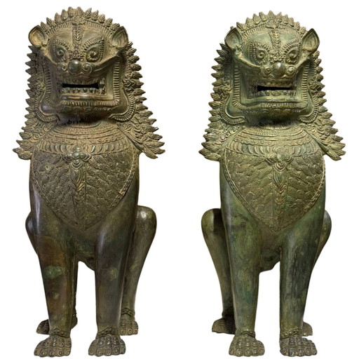 Paar Monumentale Singha Tempelleeuwen - Zeer Oude Huiswachters - 7,4 kg Brons
