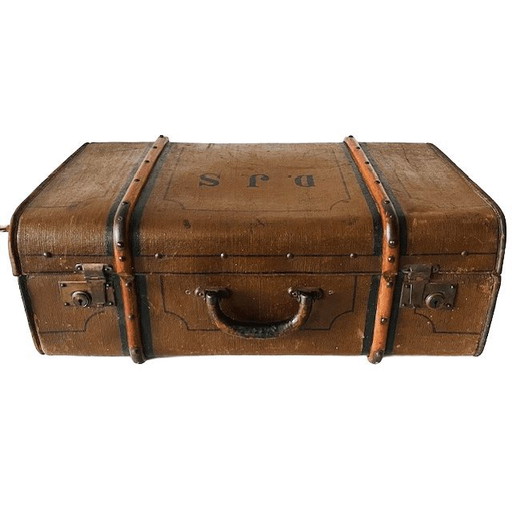 Antique canvas trunk with wooden bumpers, 1900s