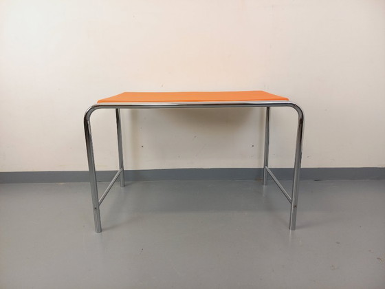 Image 1 of Vintage desk in orange imitation leather and chrome from the 1970s
