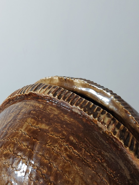Image 1 of Vintage French brutalist ceramic spherical vase, unique piece