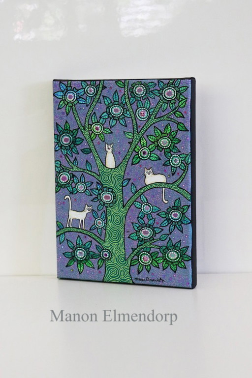 Original Hand-Painted Small Painting White Cats in a Tree