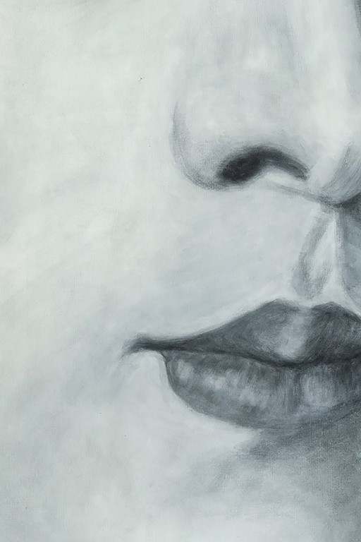 Evelyne Baget, Geschilderd detail van een portret van een jonge vrouw. Hedendaags.