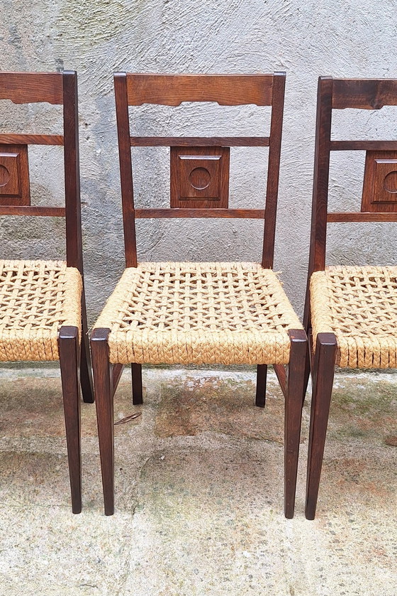Image 1 of Set of 4 Oak and Rope Chairs by Audoux Minnet 50s