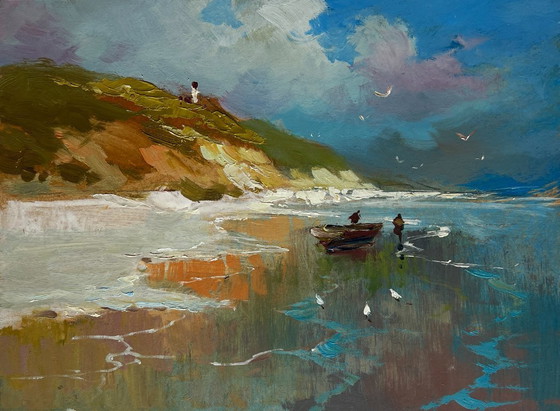 Image 1 of Original Oil Painting Summer Coastal Landscape The mountains touch the sea