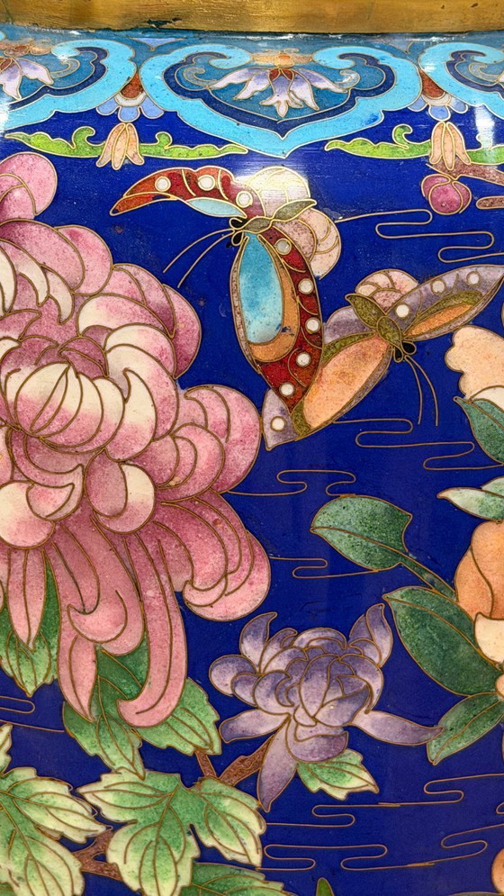 Image 1 of Monumental Chinese Cloisonné Vase - 84 cm With Base - Jingtai Blue Enamel - Impeccable