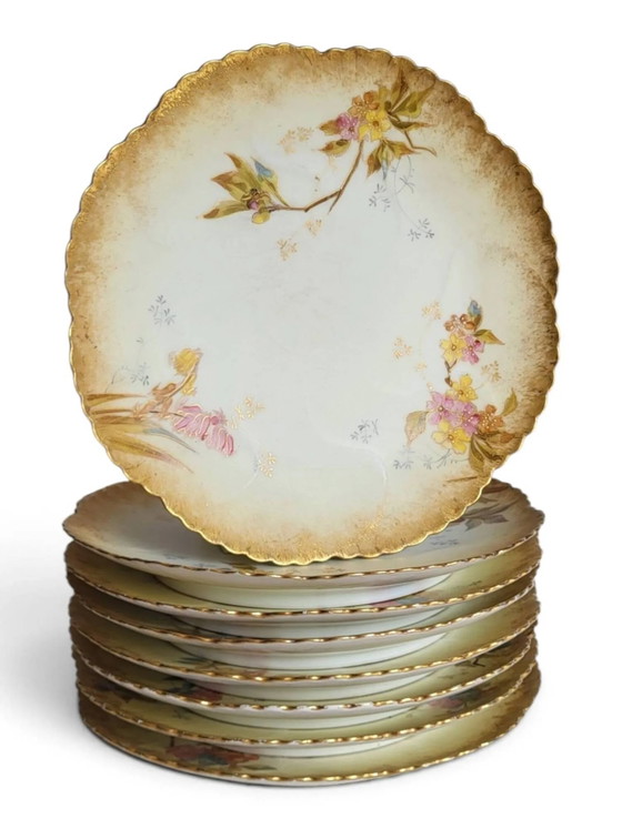 8 porcelain plates from Limoges, Martial Redon / Art Nouveau, Crockery, Gold, Yellow (photo 11 of 11)