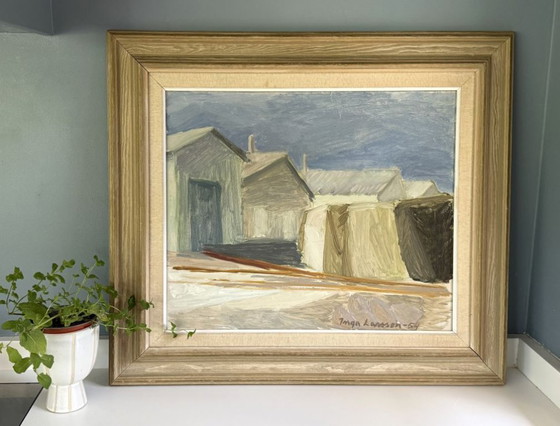 Image 1 of Vintage (1954) olieverfschilderij 'Strandhuizen' van de Zweedse schilder Inga Larsson