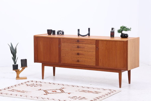 Vintage teak sideboard 60s | Mid - Century sideboard with drawers & slatted doors retro wood storage #08-22